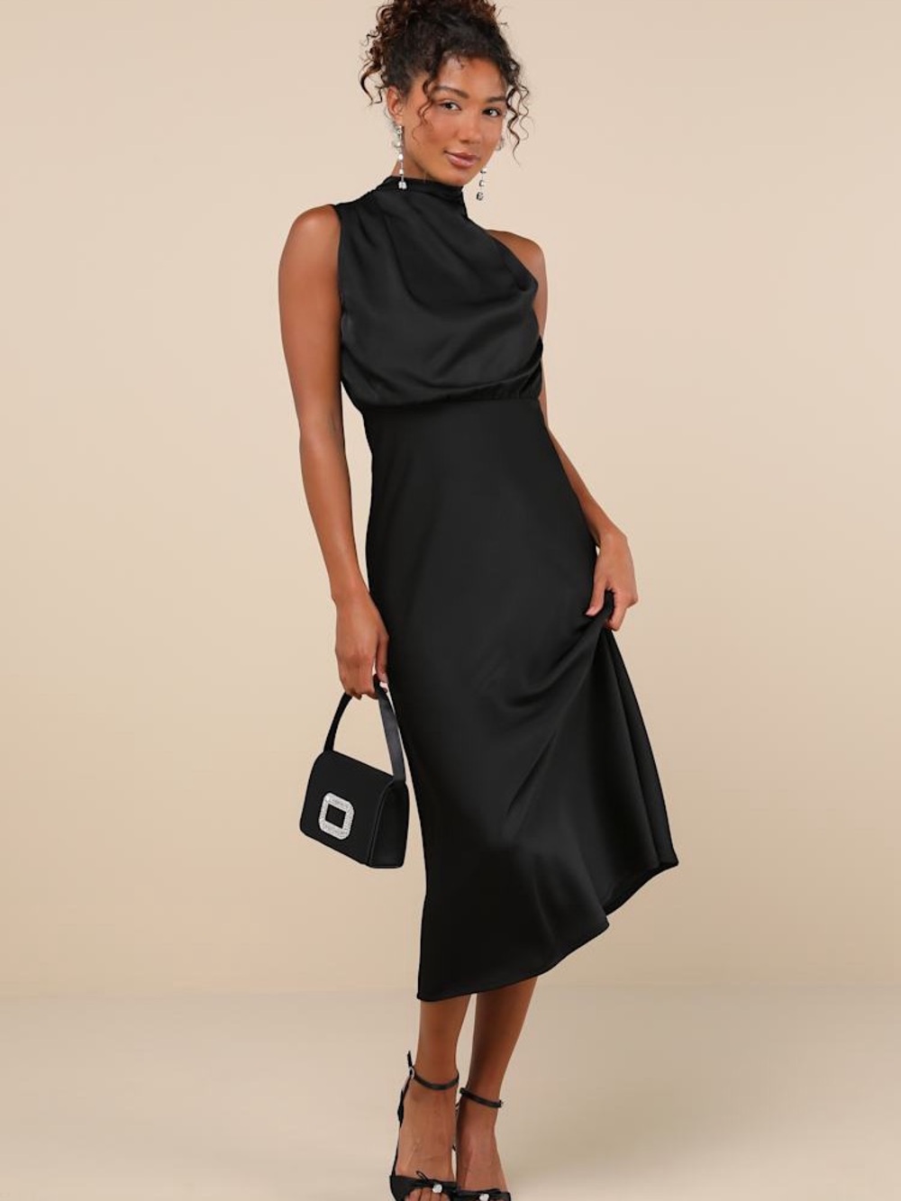 Distinctive Charm Black Satin Asymmetrical Midi
Dress
